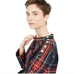 J.Crew tartan plaid blouse top small crystal buttons embellishment EUC size 0